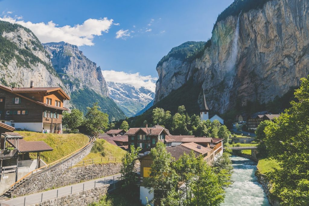 Austrian and Swiss Alps with mountain village